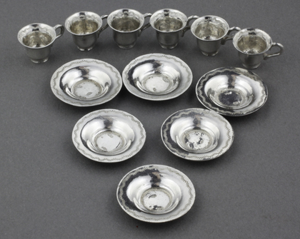 19th Century Antique Dutch Miniature Silver  Teacup and Saucer Set (6 of each)